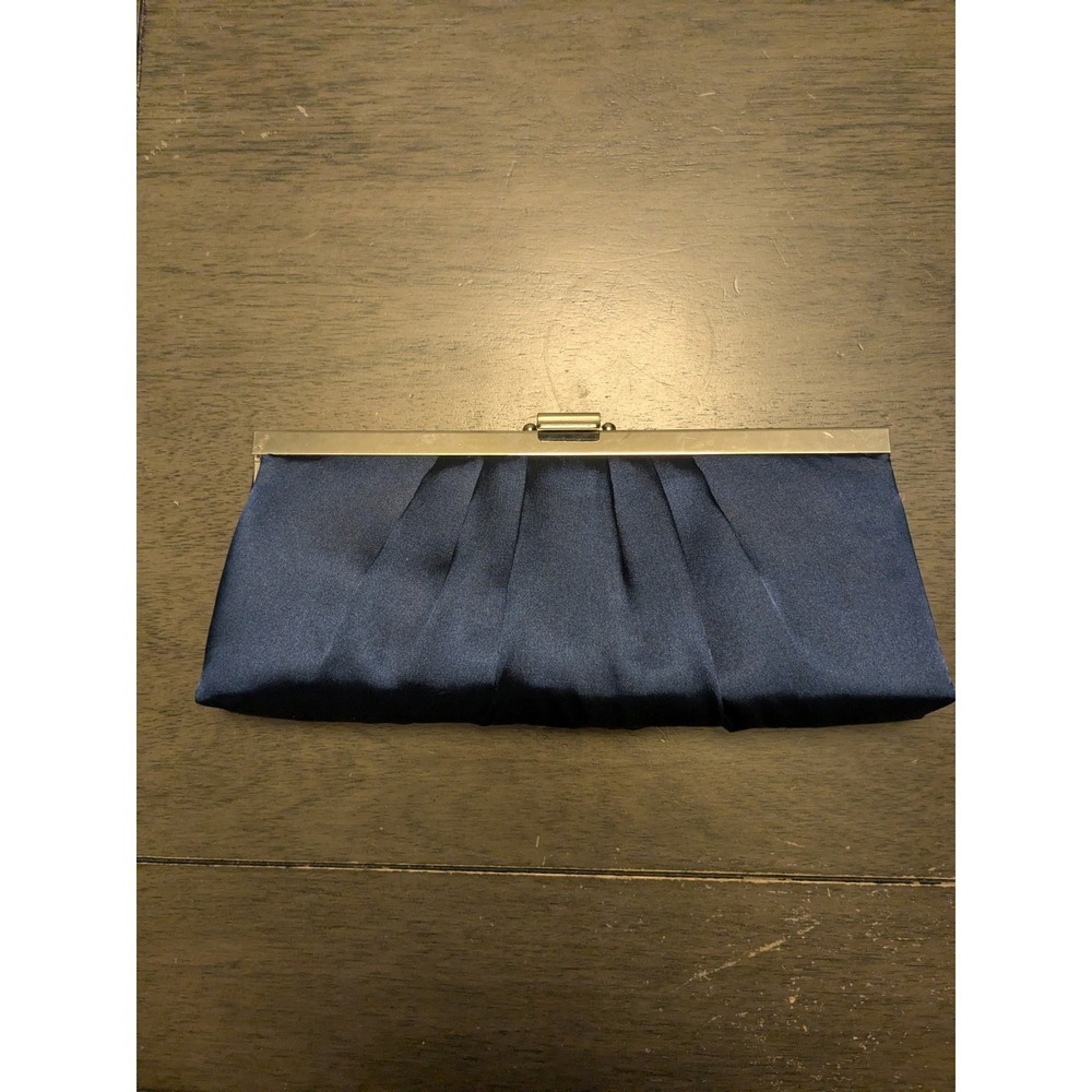 Jessica McClintock Navy Blue Satin Pleated Clutch Evening Bag Silver Frame